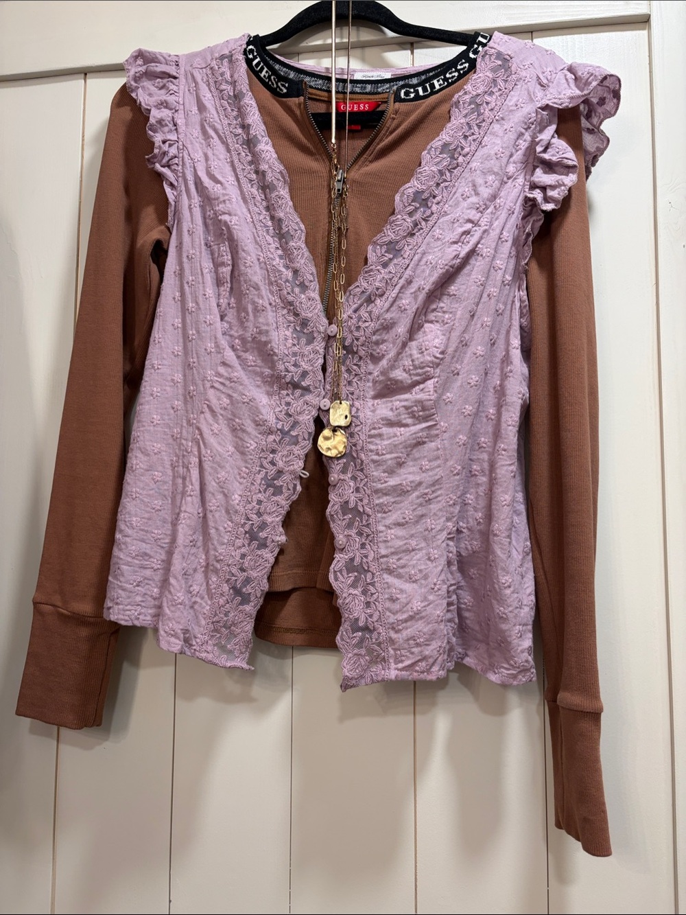 Guess Lavender Ruffled Lace Tank Top